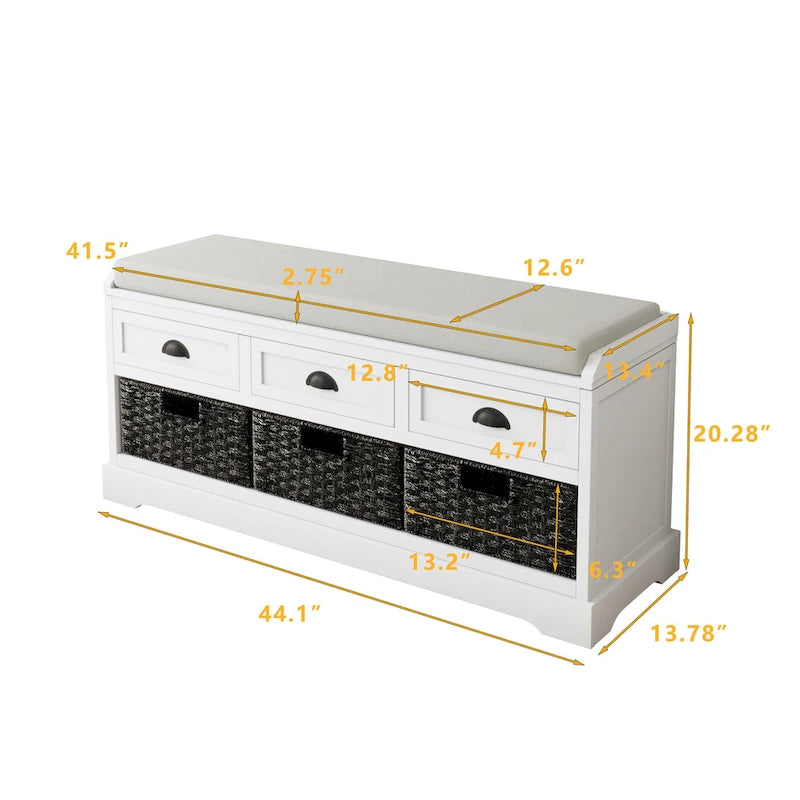 Cushioned Wood Storage Bench with Drawers and Baskets, Multi-Color