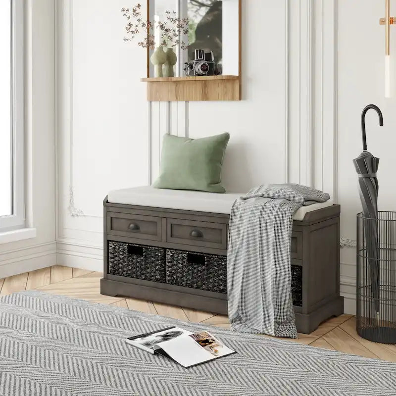 Cushioned Wood Storage Bench with Drawers and Baskets, Multi-Color
