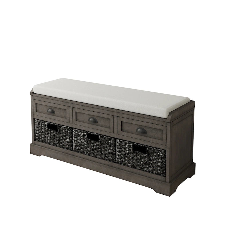 Cushioned Wood Storage Bench with Drawers and Baskets, Multi-Color
