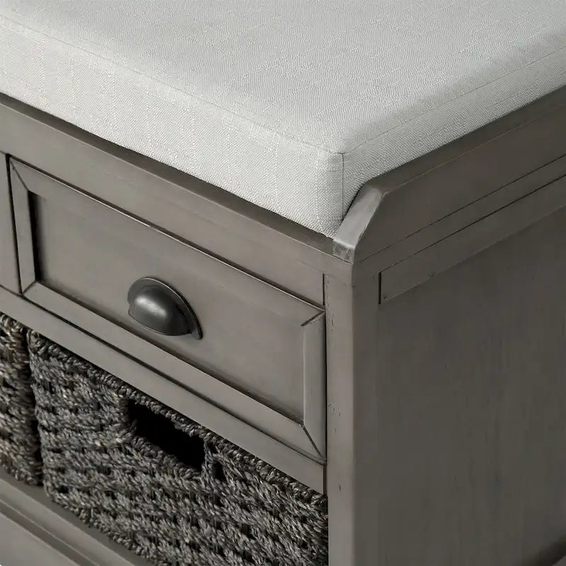 Cushioned Wood Storage Bench with Drawers and Baskets, Multi-Color