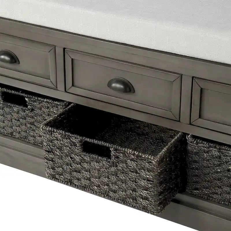 Cushioned Wood Storage Bench with Drawers and Baskets, Multi-Color