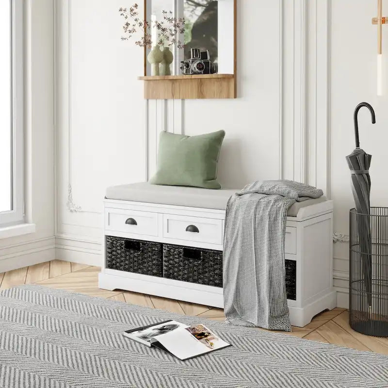 Cushioned Wood Storage Bench with Drawers and Baskets, Multi-Color