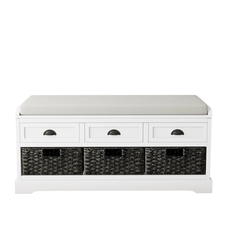 Cushioned Wood Storage Bench with Drawers and Baskets, Multi-Color