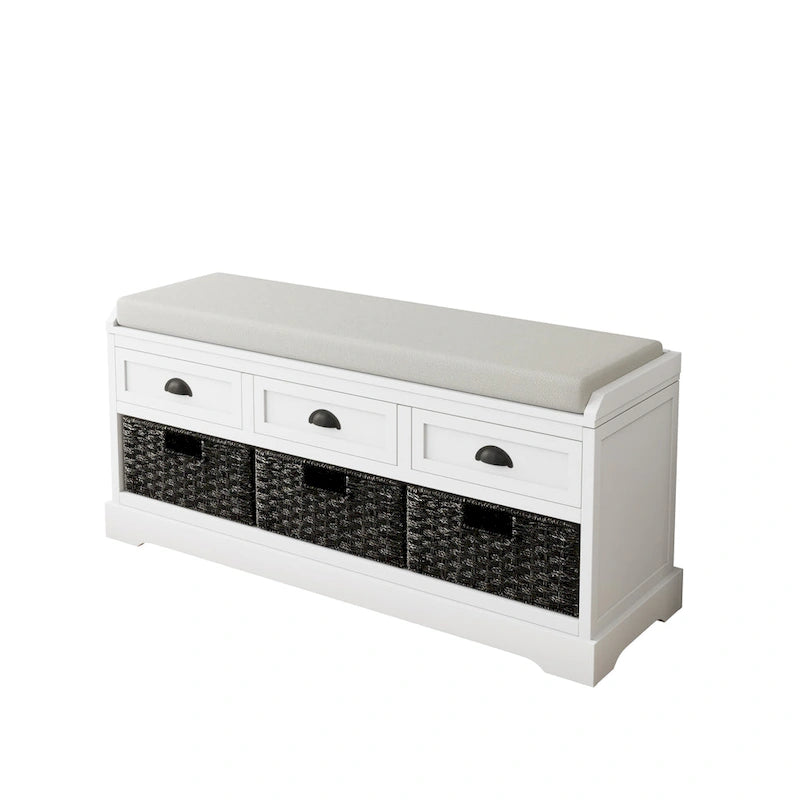 Cushioned Wood Storage Bench with Drawers and Baskets, Multi-Color