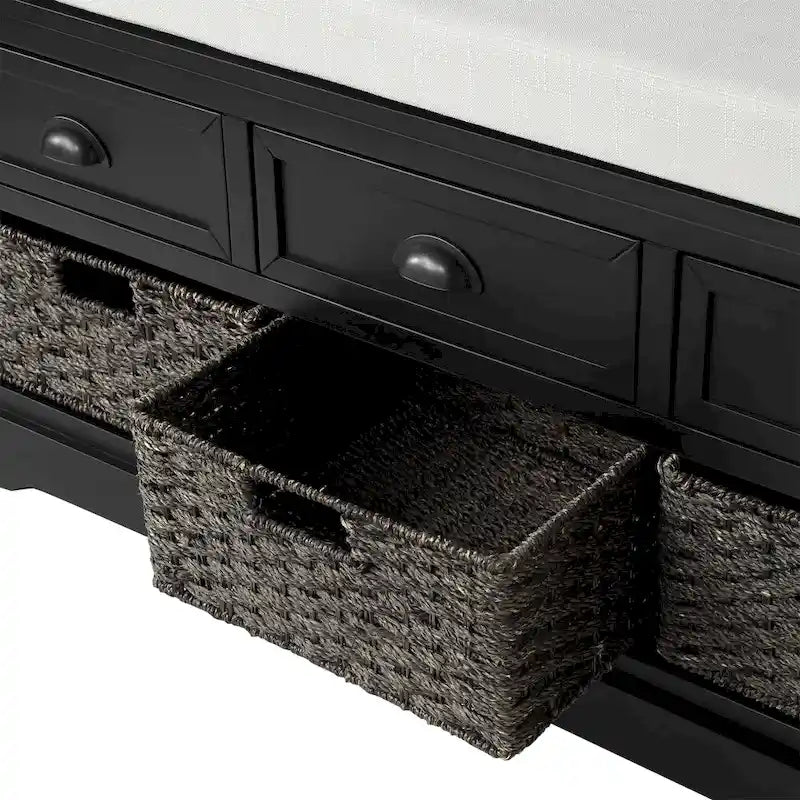Cushioned Wood Storage Bench with Drawers and Baskets, Multi-Color