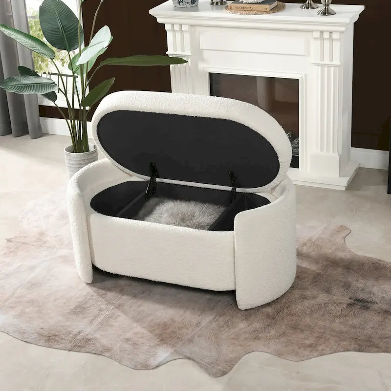 Ivory White Boucle Oval Upholstered Storage Bench with 3-Compartment Lid
