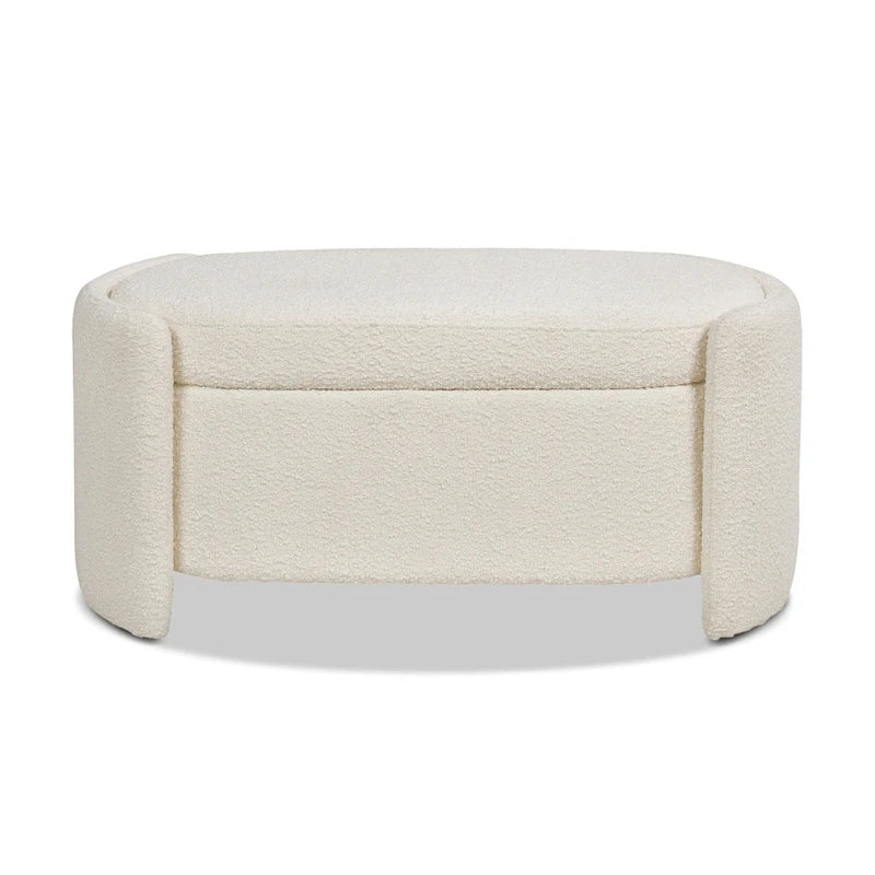 Ivory White Boucle Oval Upholstered Storage Bench with 3-Compartment Lid