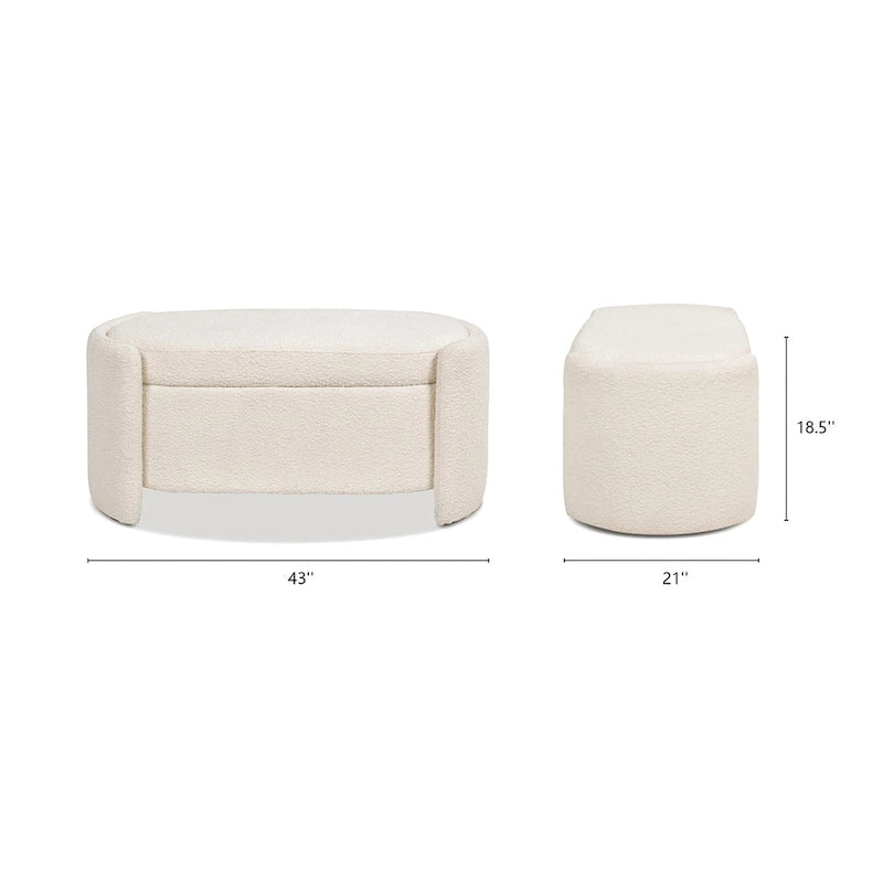 Ivory White Boucle Oval Upholstered Storage Bench with 3-Compartment Lid