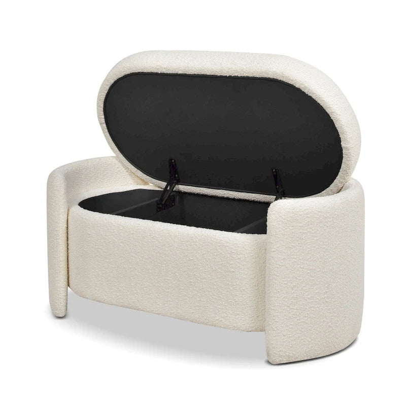 Ivory White Boucle Oval Upholstered Storage Bench with 3-Compartment Lid