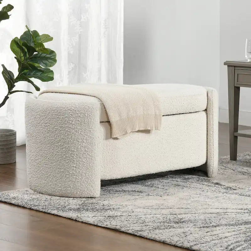 Ivory White Boucle Oval Upholstered Storage Bench with 3-Compartment Lid