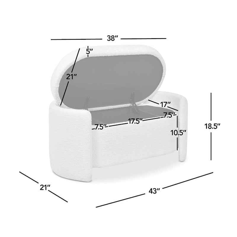 Ivory White Boucle Oval Upholstered Storage Bench with 3-Compartment Lid