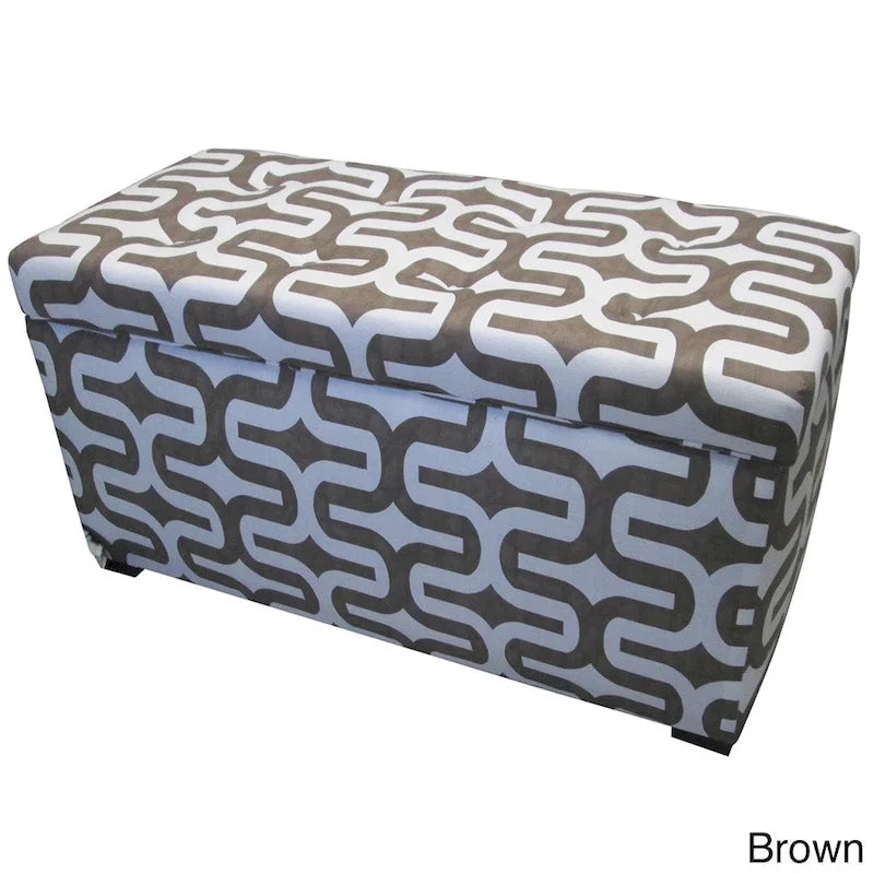 Fabric Upholstered Storage Trunk Ottoman with Geometric Pattern Brown Yellow
