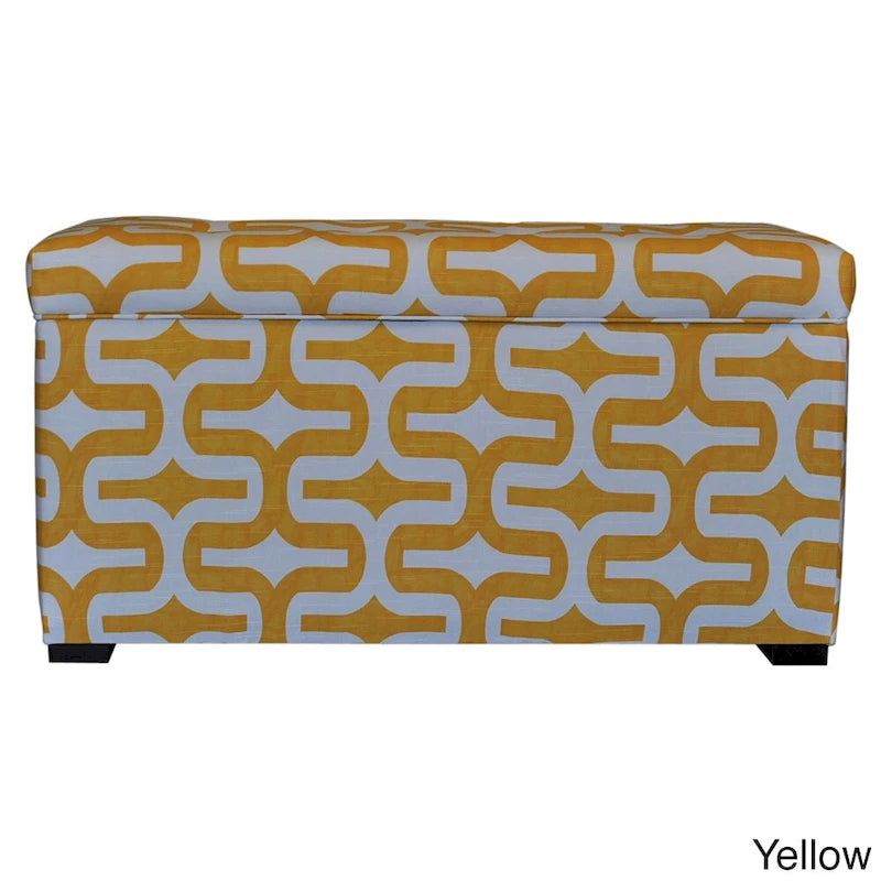 Fabric Upholstered Storage Trunk Ottoman with Geometric Pattern Brown Yellow