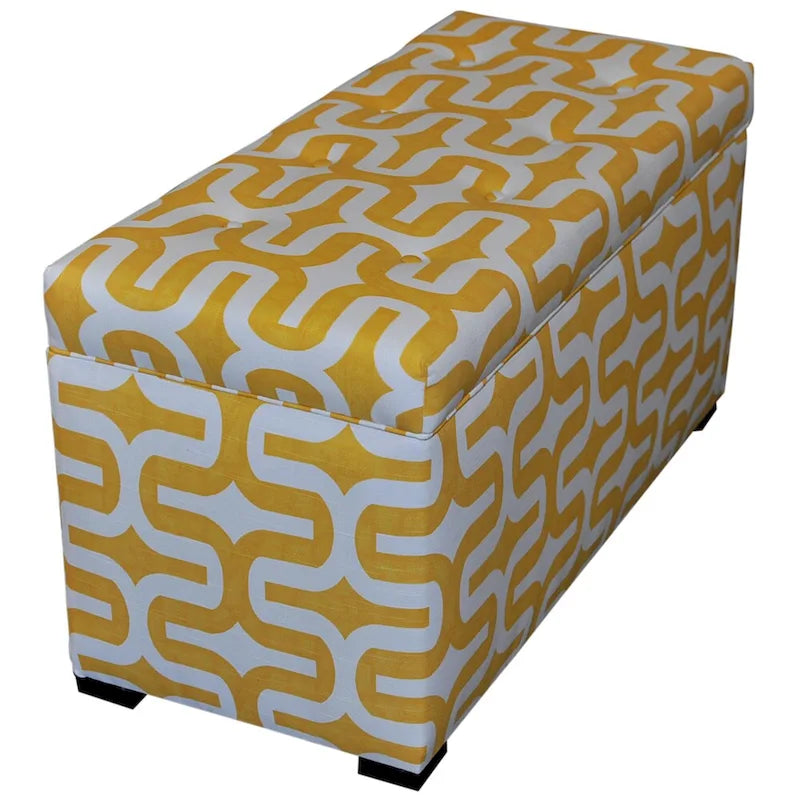 Fabric Upholstered Storage Trunk Ottoman with Geometric Pattern Brown Yellow