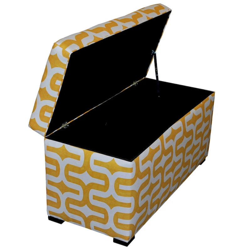 Fabric Upholstered Storage Trunk Ottoman with Geometric Pattern Brown Yellow