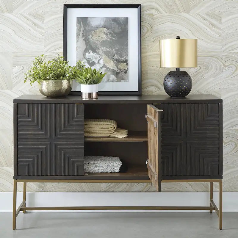 Dark Brown Gold Geometric Three-Door Accent Cabinet Console Buffet
