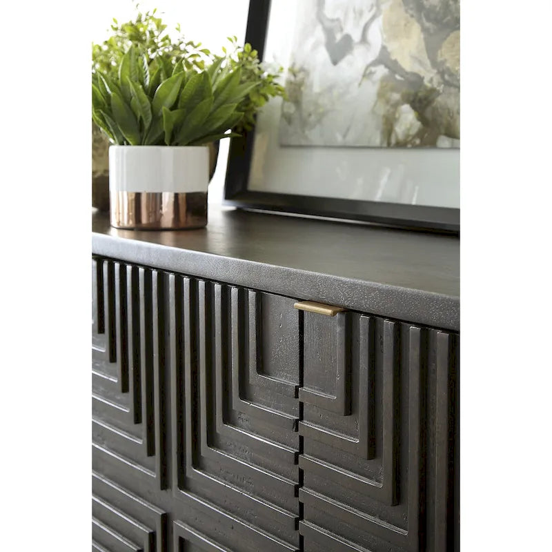 Dark Brown Gold Geometric Three-Door Accent Cabinet Console Buffet