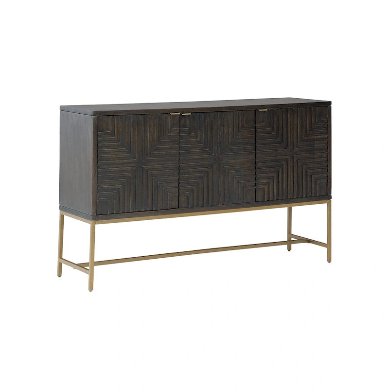Dark Brown Gold Geometric Three-Door Accent Cabinet Console Buffet