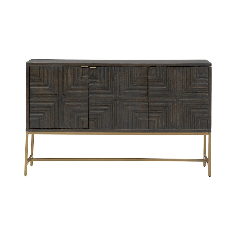 Dark Brown Gold Geometric Three-Door Accent Cabinet Console Buffet