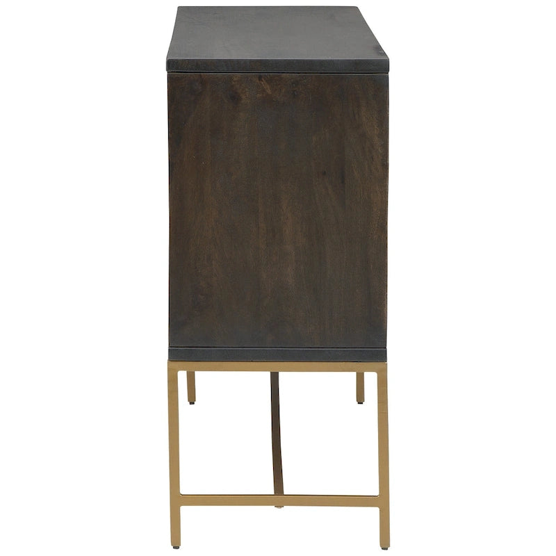 Dark Brown Gold Geometric Three-Door Accent Cabinet Console Buffet