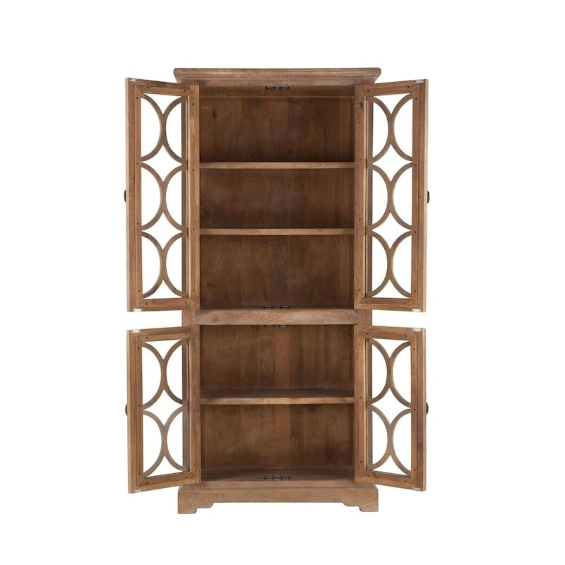 38-Inch Wide Solid Mango Wood Display Cabinet with Glass Doors Antique Oak