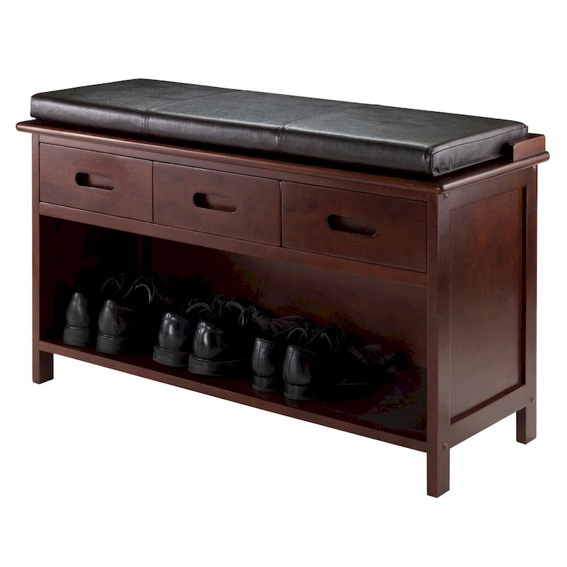 Walnut Storage Bench with Espresso Faux Leather Cushion, 3 Drawers and Open Shelf