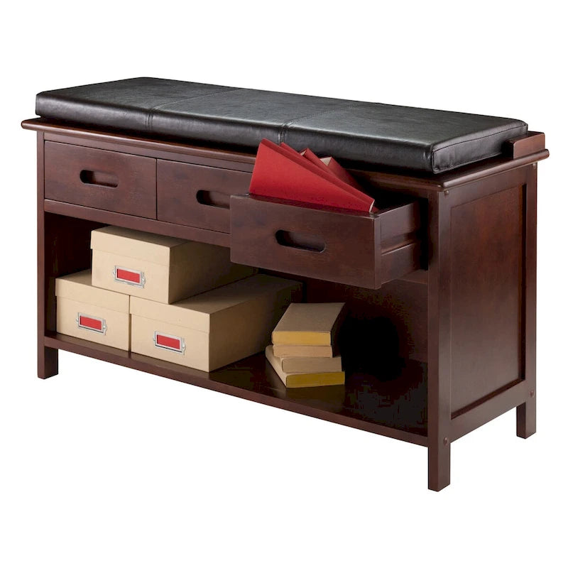 Walnut Storage Bench with Espresso Faux Leather Cushion, 3 Drawers and Open Shelf