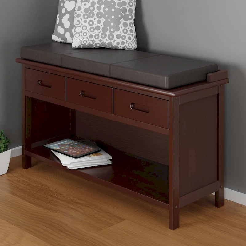 Walnut Storage Bench with Espresso Faux Leather Cushion, 3 Drawers and Open Shelf