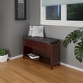 Walnut Storage Bench with Espresso Faux Leather Cushion, 3 Drawers and Open Shelf