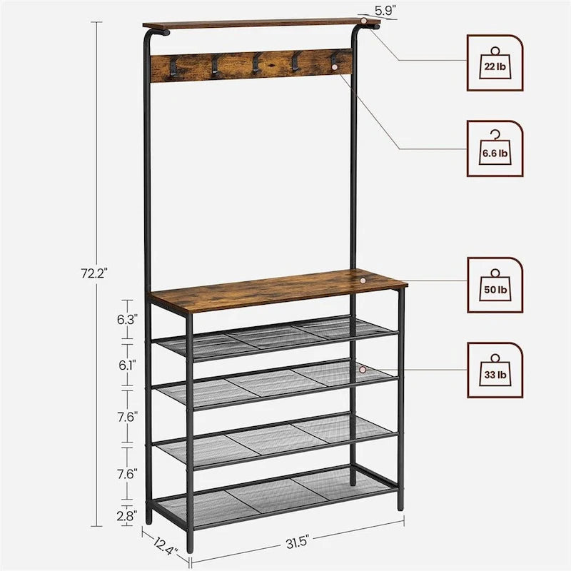 Rustic Brown Black Industrial Hall Tree with Coat Hooks 5-Tier Shoe Rack and Storage Shelves 31.5 Inch