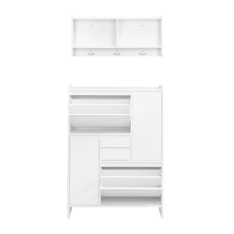 Multi-Functional Shoe Cabinet with Wall Cabinet, Space-saving Design Side Cabinet with 2 Flip Drawers and Hanging Hooks