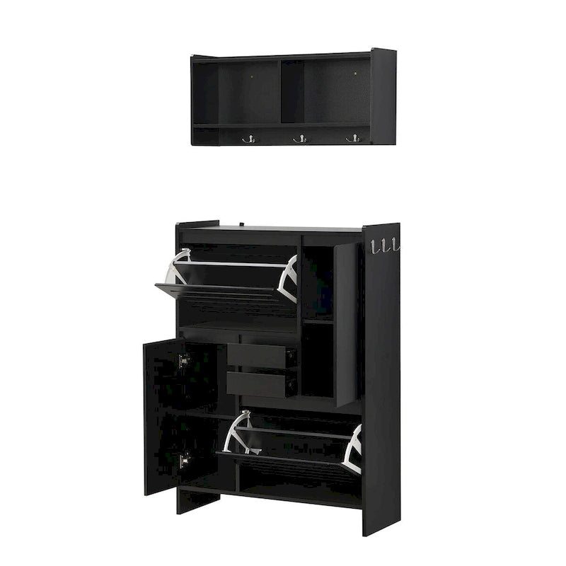 Multi-Functional Shoe Cabinet with Wall Cabinet, Space-saving Design Side Cabinet with 2 Flip Drawers and Hanging Hooks