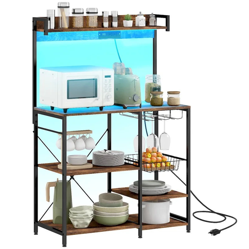Industrial Baker's Rack with Power Outlet and LED Lights, Storage