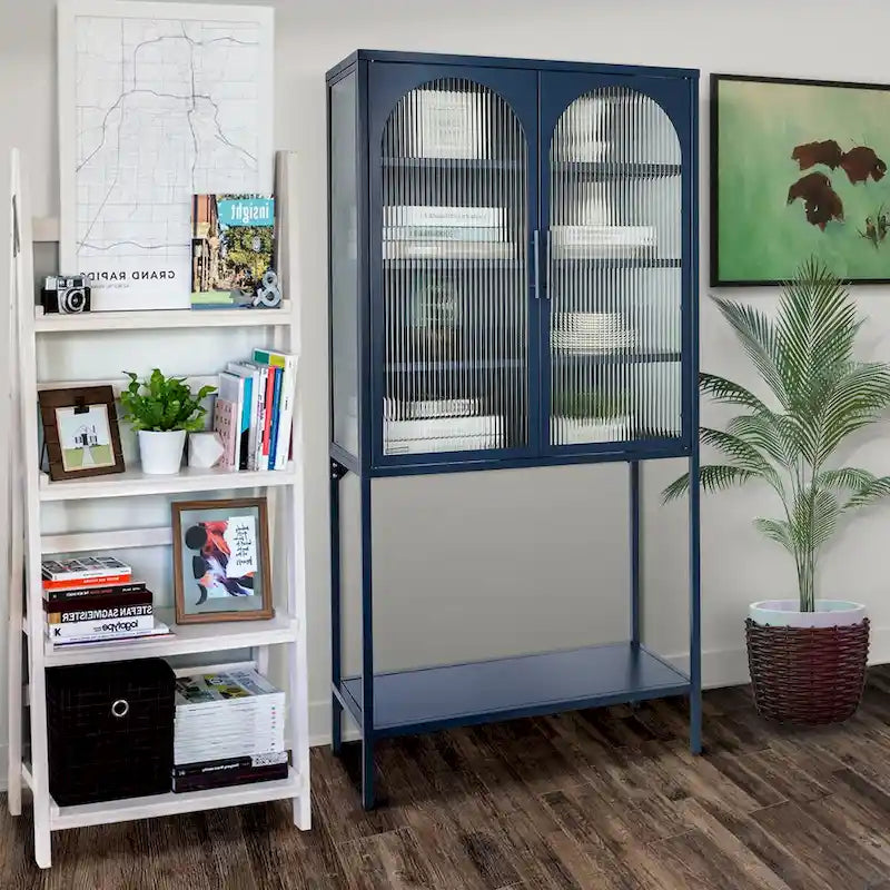Elegant Floor Cabinet with 2 Glass Arched Doors Living Room Display Cabinet with Adjustable Shelves Anti-Tip Dust-free