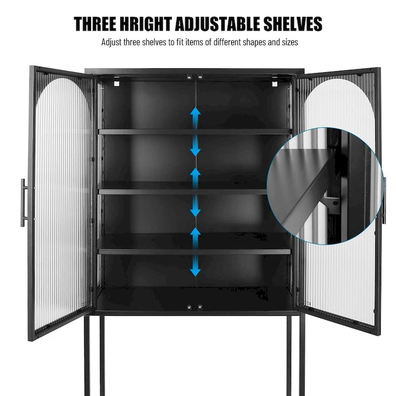 Elegant Floor Cabinet with 2 Glass Arched Doors Living Room Display Cabinet with Adjustable Shelves Anti-Tip Dust-free