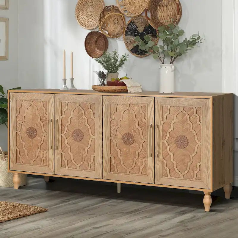 Large Wooden Storage Cabinet with Carved Floral Door and Metal Handles
