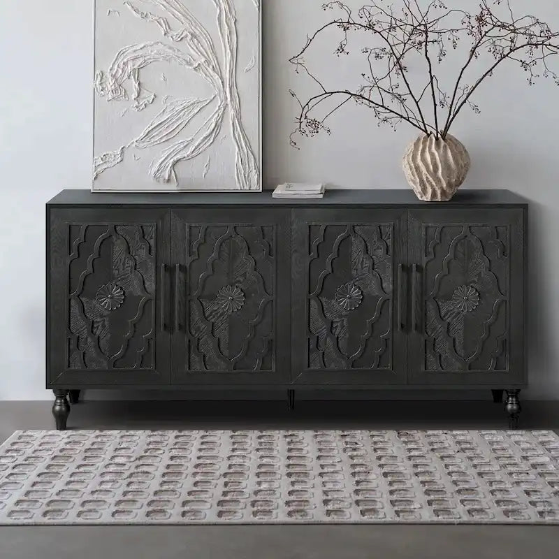 Large Wooden Storage Cabinet with Carved Floral Door and Metal Handles