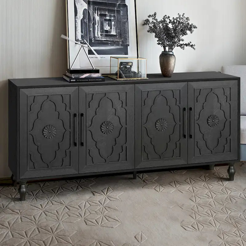 Large Wooden Storage Cabinet with Carved Floral Door and Metal Handles