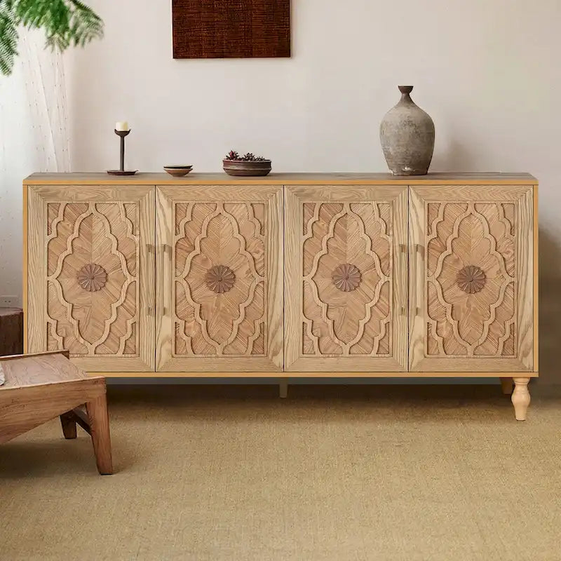 Large Wooden Storage Cabinet with Carved Floral Door and Metal Handles