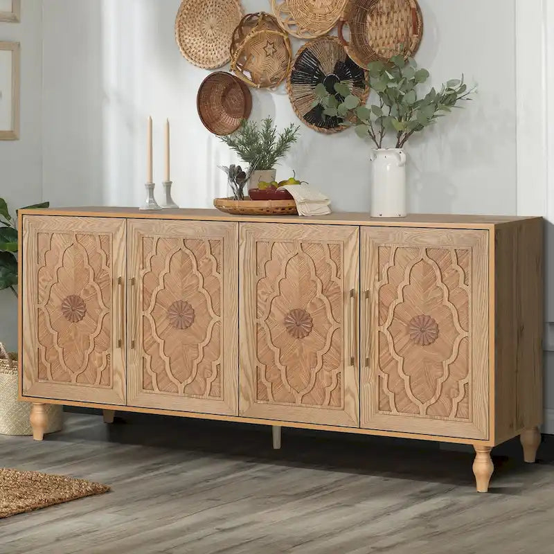 Large Wooden Storage Cabinet with Carved Floral Door and Metal Handles