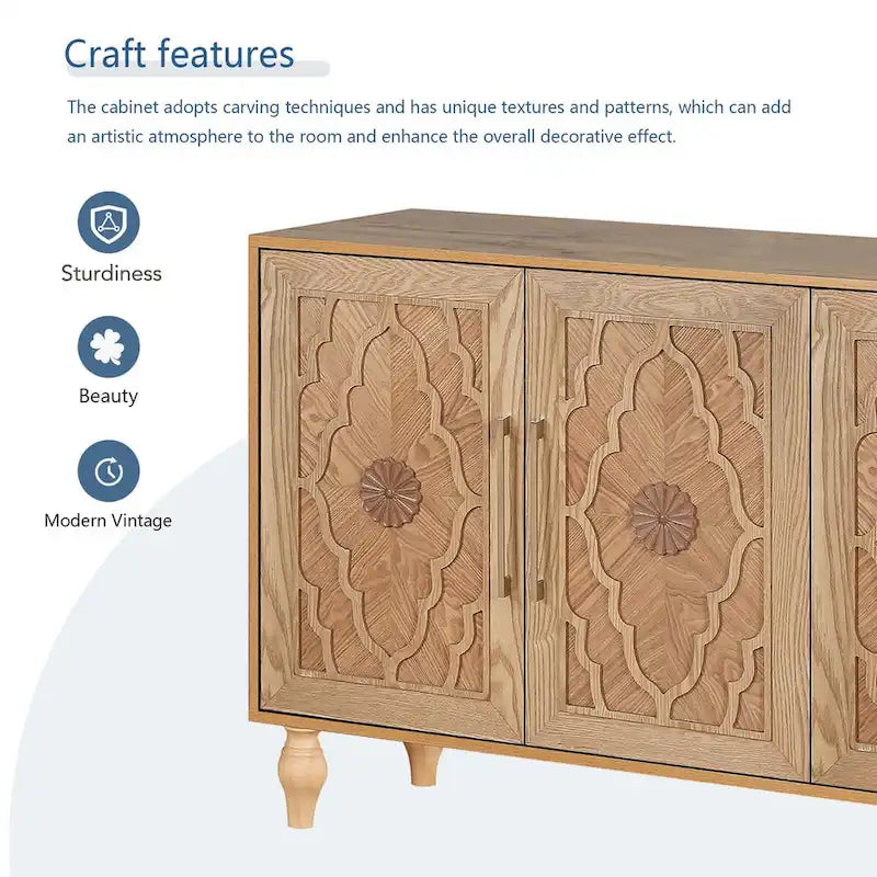 Large Wooden Storage Cabinet with Carved Floral Door and Metal Handles