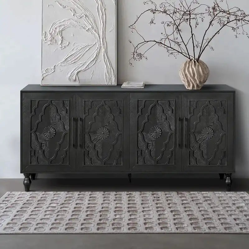 Large Wooden Storage Cabinet with Carved Floral Door and Metal Handles