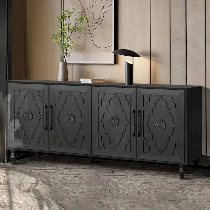 Large Wooden Storage Cabinet with Carved Floral Door and Metal Handles