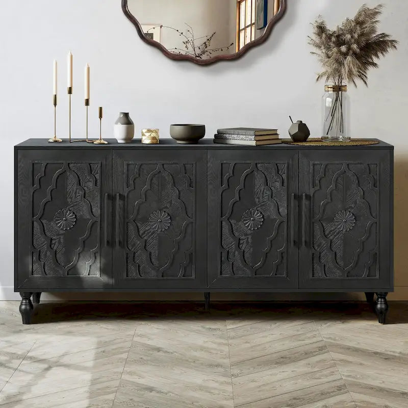 Large Wooden Storage Cabinet with Carved Floral Door and Metal Handles