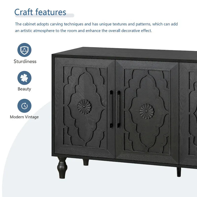 Large Wooden Storage Cabinet with Carved Floral Door and Metal Handles