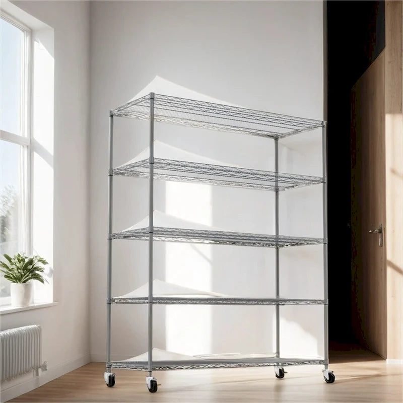5 Tier Steel Heavy Duty Adjustable Shelves with Wheels and Feet