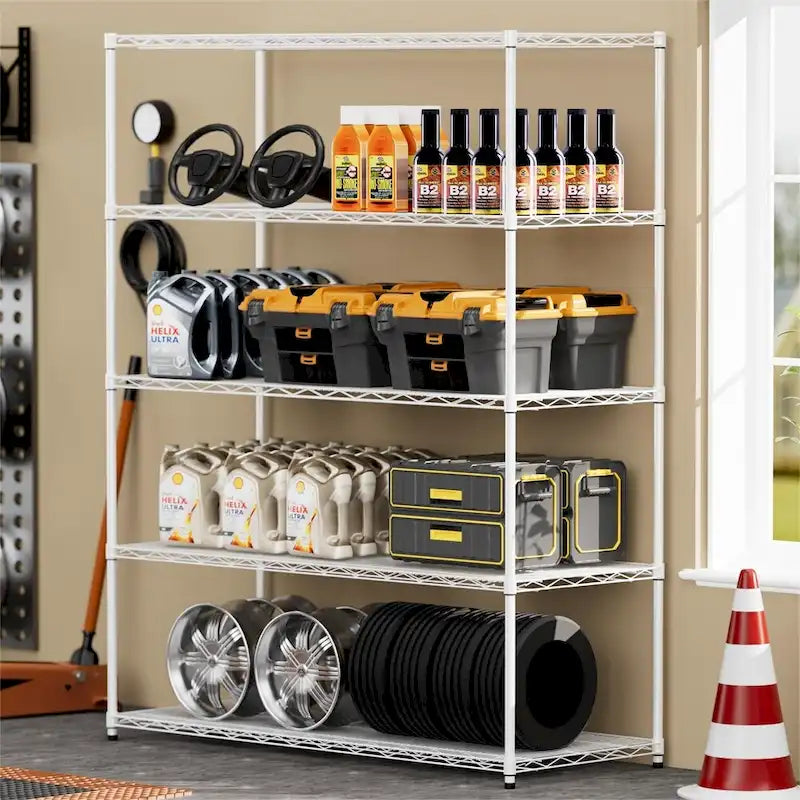 5 Tier Steel Heavy Duty Adjustable Shelves with Wheels and Feet