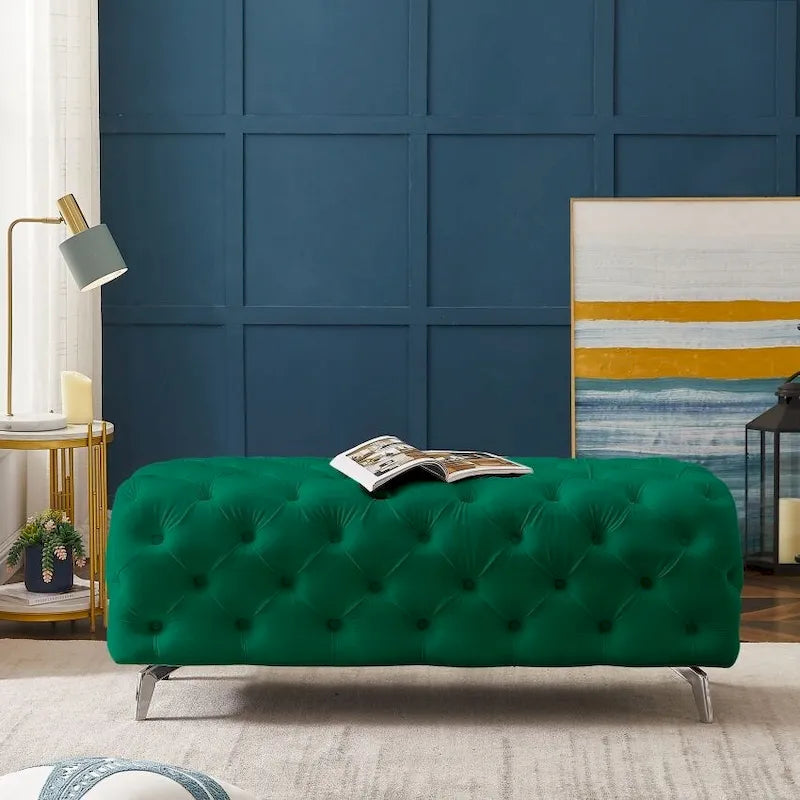 Button-Tufted Ottoman Bench, Upholstered Velvet Footrest Stool Accent Bench for Living Room.