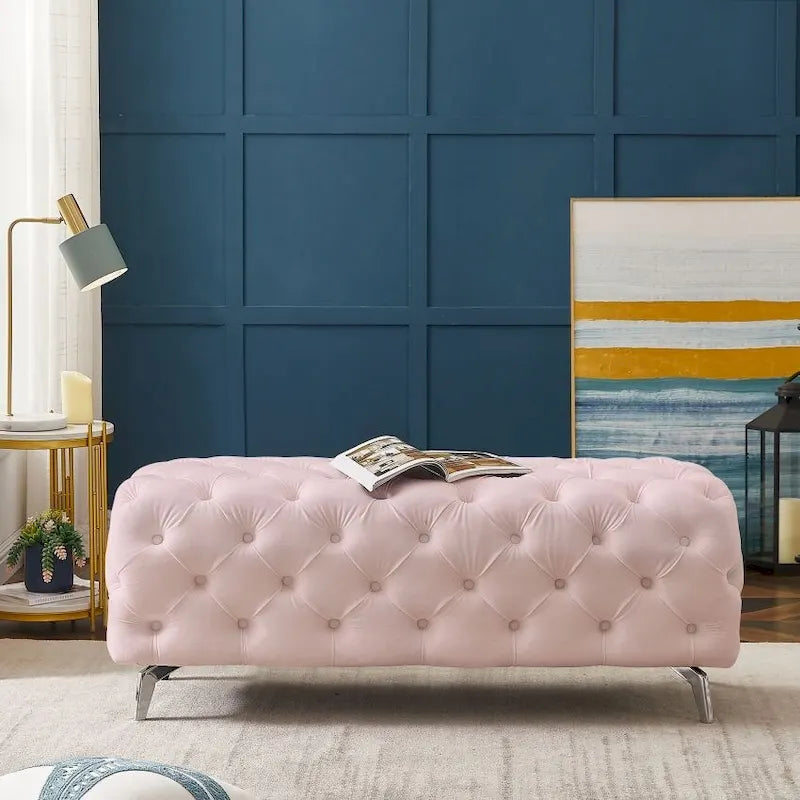 Button-Tufted Ottoman Bench, Upholstered Velvet Footrest Stool Accent Bench for Living Room.