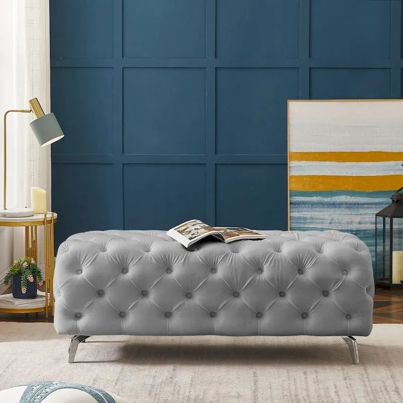 Button-Tufted Ottoman Bench, Upholstered Velvet Footrest Stool Accent Bench for Living Room.